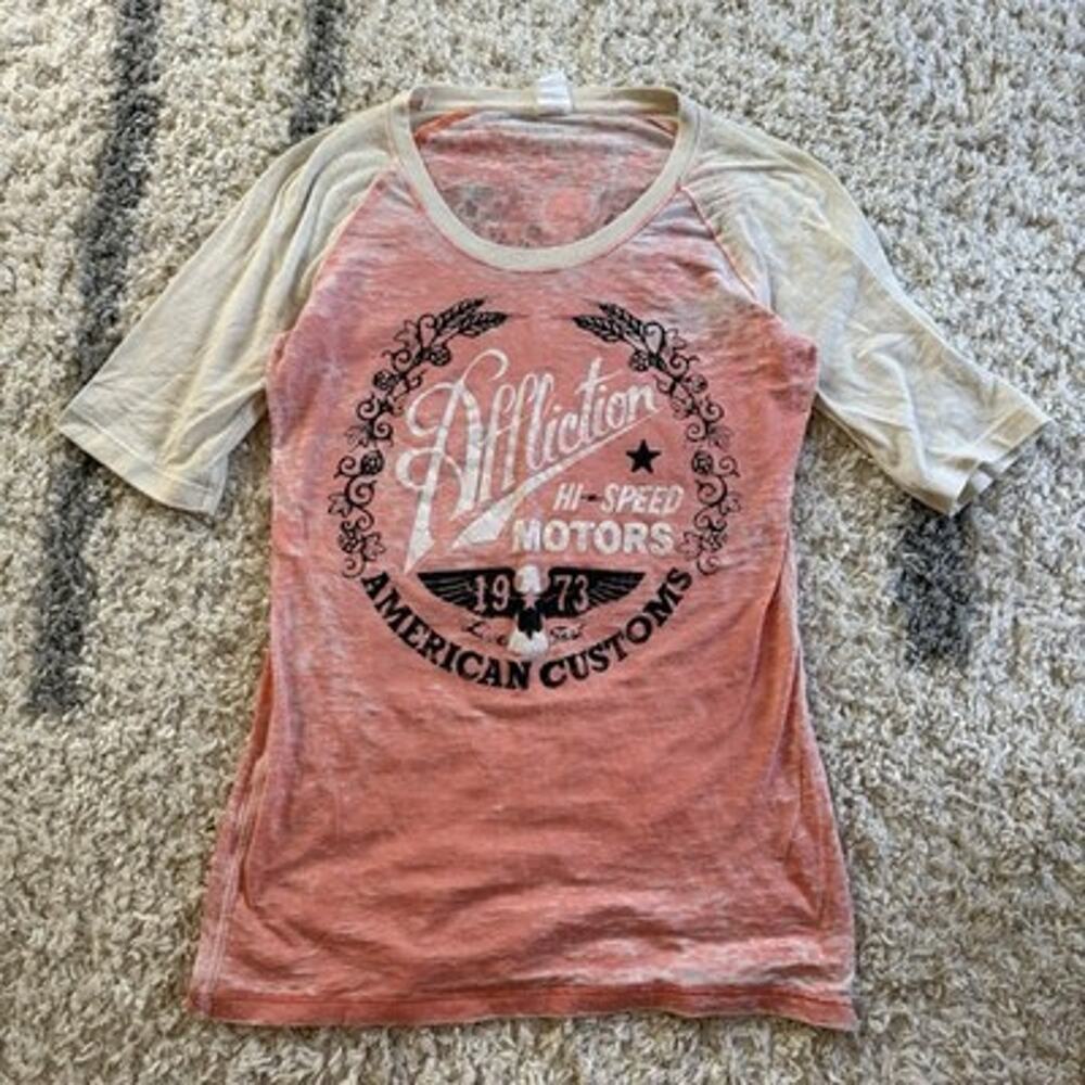 Affliction AC Fast Times Y2K Grunge Biker S Peach Beige Raglan Graphic T-Shirt